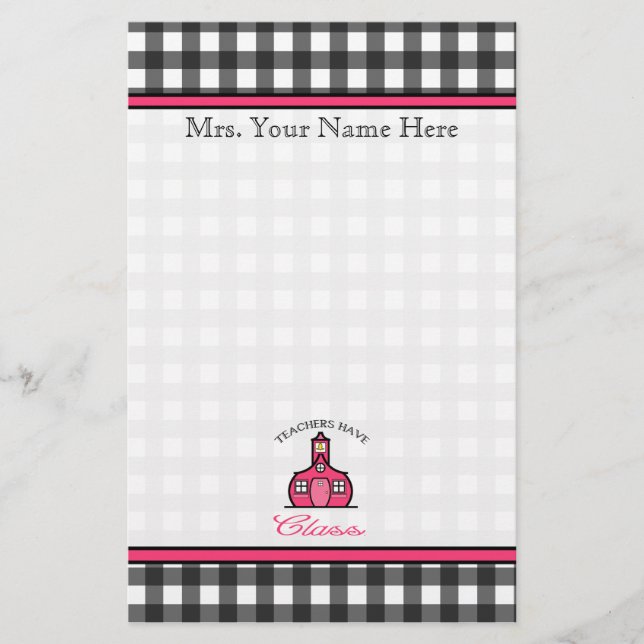 Teachers Have Class - Charcoal Gray Gingham Stationery (Front)