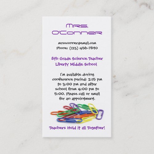 Teachers Hold it Together Paperclips Info Business Card Template