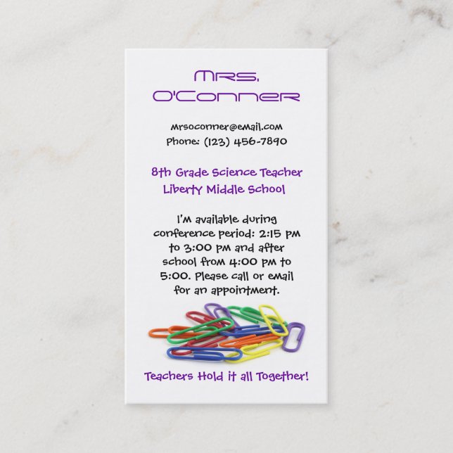 Teachers Hold it Together Paperclips Info Business Card (Front)