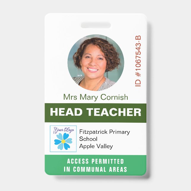 Teacher's ID Name Tag, Job Title and Logo Photo Badge (Front)