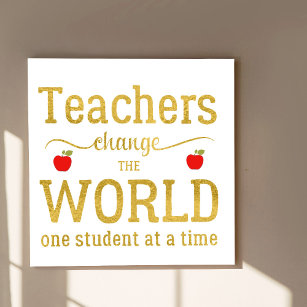 Teachers inspirational gold script quote red apple poster