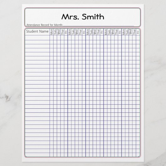 Teacher's Monthly Attendance Record (Front)