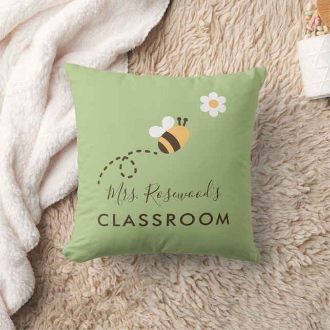 Teacher's Name Classroom Bee Dusty Green Throw Pillow (Blanket)