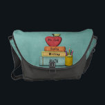 Teachers Name Messenger Bag<br><div class="desc">Personalize name, A , teacher, even grade! Stack of books with reading, writing and math labels. A red apple with a leafy stem and a yellow pencil holder with colored pencils. All on a light blue patterned background</div>