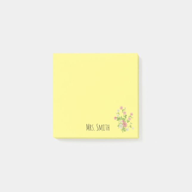 Teacher's name yellow floral monogram post-it notes (Front)