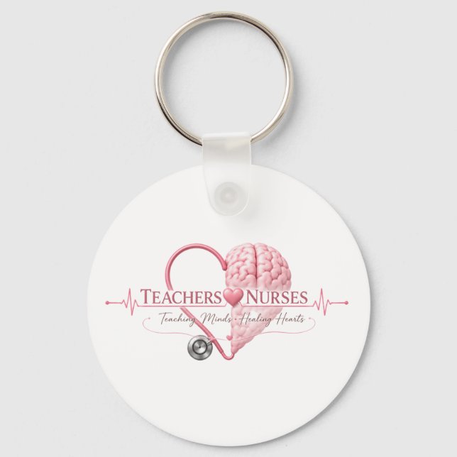 Teachers Nurses Heart Brain Pink Design Keychain (Front)