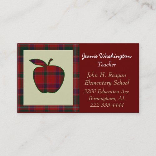Teacher's Red Plaid Apple Business Card