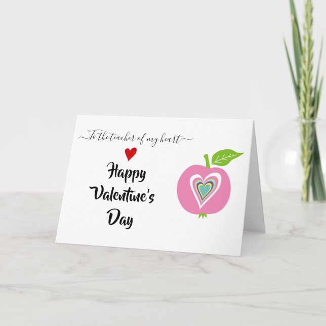 Teachers Valentines day colorful hearts pink apple Holiday Card (Front)