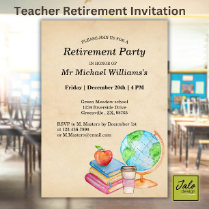 Teachers Vintage Globe Books Retirement Party  Invitation