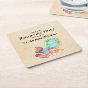 Teachers Vintage Globe Books Retirement Party Square Paper Coaster