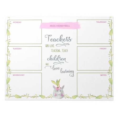 Teachers Weekly Planner Cute Unicorn Potted Plant Notepad