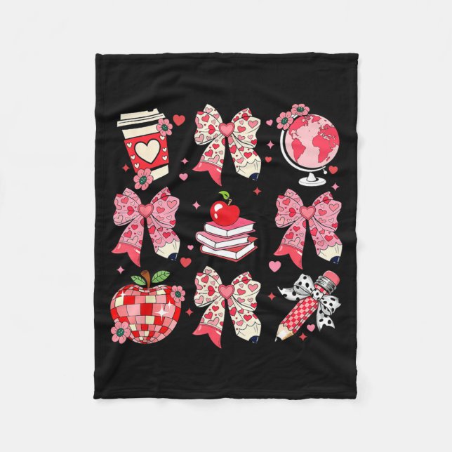 Teaching Is A Work Of Heart Pencil Bow Teacher Val Fleece Blanket (Front)