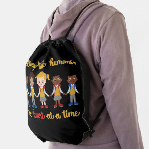 TEACHING LITTLE HUMANS ONE HEART AT A TIME DRAWSTRING BAG