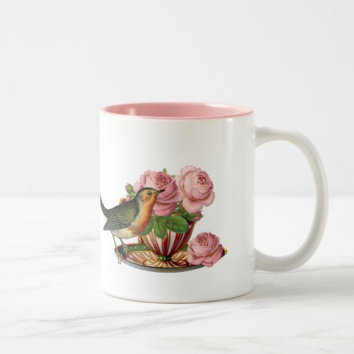 Teacup Bird Roses Vintage Two_Tone Coffee Mug