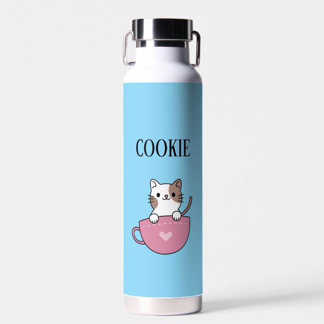 Teacup Cat Pesonalized  Water Bottle (Front)