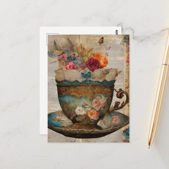 Teacup Collage Mixed Media Fantasy Postcard (Front/Back In Situ)