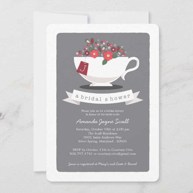 Teacup Coral Floral Monogram Bridal Shower Invitation (Front)