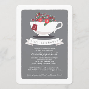 Teacup Coral Floral Monogram Bridal Shower Invitation