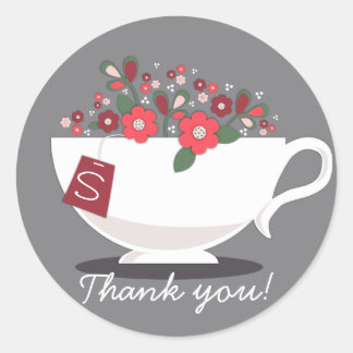 Teacup Coral Floral Monogram Thank You Sticker
