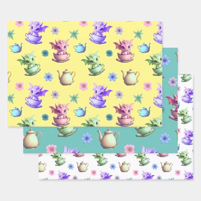 Teacup Dragons with Teapots and Flowers Wrapping Paper Sheets (Set)