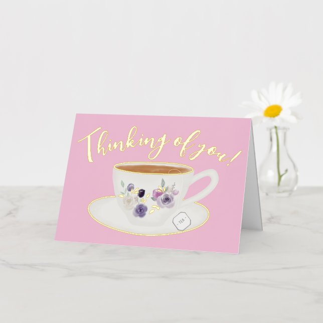 Teacup Floral Thinking of You Real Foil Greeting Card (Small Flower)