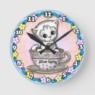 Teacup Kitten Cat Round Clock