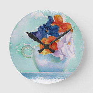 TEACUP OF PANSIES WALL CLOCK