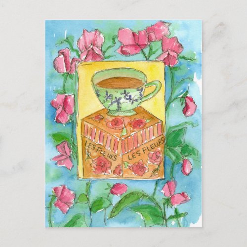 Teacup Pink Sweet Peas Flowers Watercolor Postcard