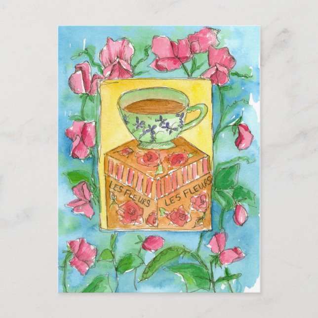 Teacup Pink Sweet Peas Flowers Watercolor Postcard (Front)