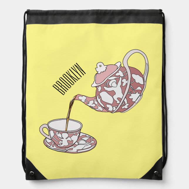 Teacup set cartoon illustration  drawstring bag (Front)