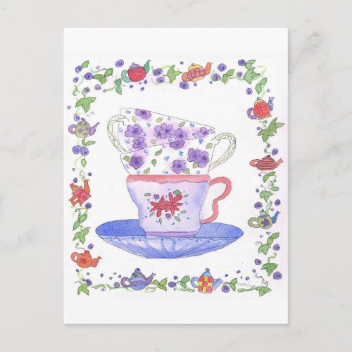 Teacup Stack Tea Time Watercolor Flowers Postcard