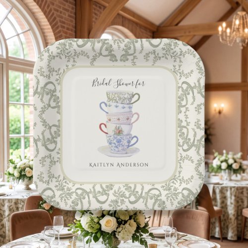 Teacup Stack Vintage Ribbon Sage Green Bridal Tea Paper Plates
