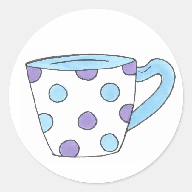 Teacup Tea Party Blue/Purple Polka Dot Mug Sticker (Front)