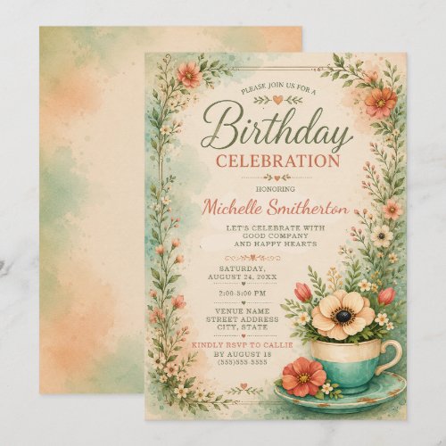 Teacup Teal Cottagecore Birthday Invitation