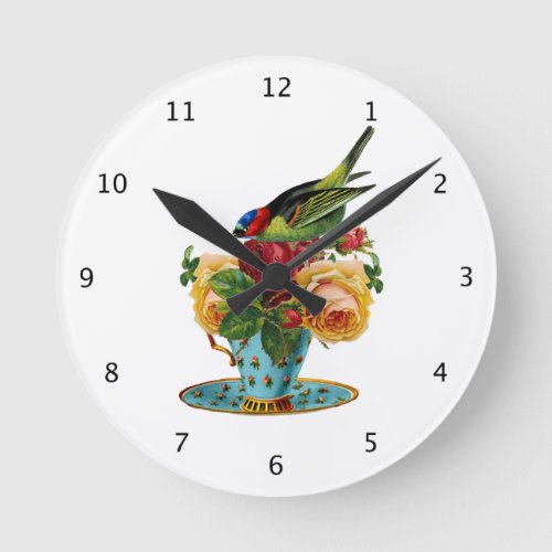 Teacup vintage floral roses and bird round clock