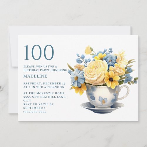 Teacup Yellow Blue Flowers 100th Birthday Invitation