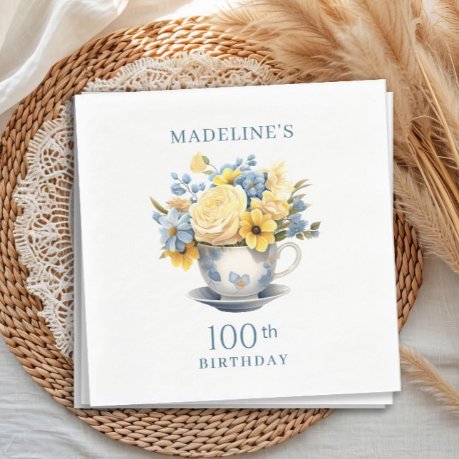 Teacup Yellow Blue Flowers 100th Birthday Napkins (Blue teacups with yellow floral birthday party paper napkins, customizable with your text)