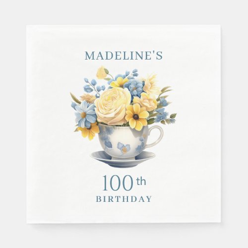 Teacup Yellow Blue Flowers 100th Birthday Napkins