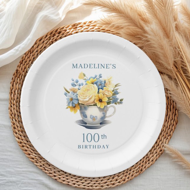 Teacup Yellow Blue Flowers 100th Birthday Paper Plates (Blue teacup and yellow floral 100th birthday party paper plate)