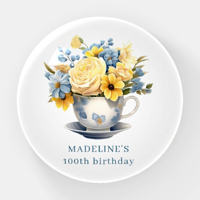 Teacup Yellow Blue Flowers 100th Birthday Paperweight (Front)