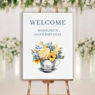 Teacup Yellow Blue Flowers 100th Birthday Welcome Foam Board