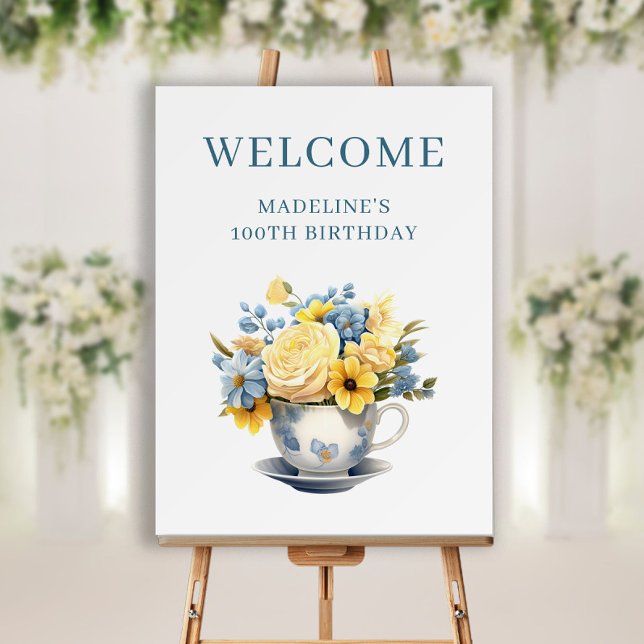 Teacup Yellow Blue Flowers 100th Birthday Welcome Foam Board (Teacup with yellow and dusty blue watercolor flowers birthday party welcome sign)
