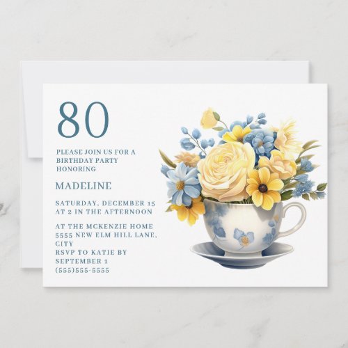 Teacup Yellow Blue Flowers 80th Birthday  Invitation