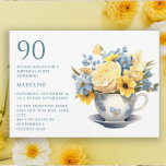 Teacup Yellow Blue Flowers 90th Birthday  Invitation<br><div class="desc">Pretty little teacup with blue and yellow flowers springtime or summer 90th birthday party invitation. This invitation can be purchased printed or as a digital invitation to share with family and friends on social media or through email. Contact me for assistance with your customizations or to request additional matching or...</div>