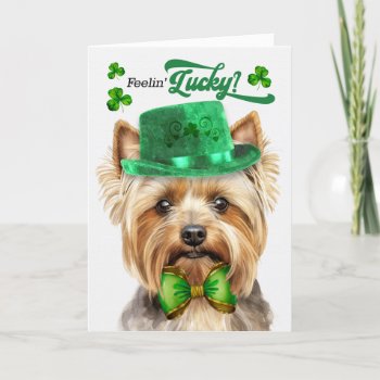 Teacup Yorkie Dog Feelin' Lucky St Patrick's Day Holiday Card by PAWSitivelyPETs at Zazzle