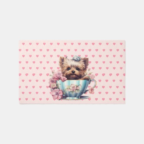  Teacup Yorkie on Pink Hearts Girls   Rug