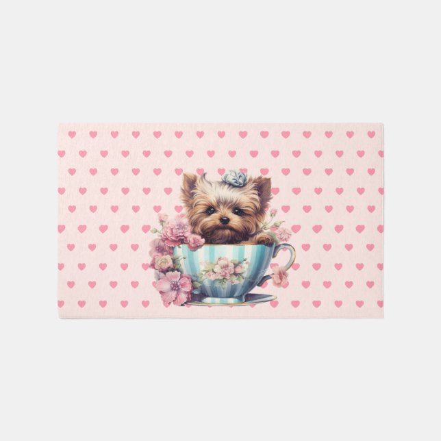  Teacup Yorkie on Pink Hearts, Girls   Rug (Front)