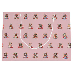 Teacup Yorkie Valentine's Day - Pink Large Gift Bag