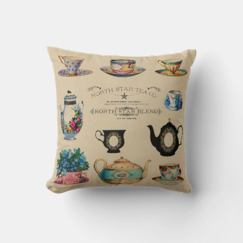 Teacups Teapot Flowers Vintage Throw Pillow