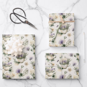 Teacups Wildflowers Cottagecore Watercolor Style Wrapping Paper Sheets